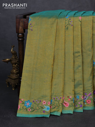 Silk cotton saree dual shade of greenish yellow with floral convent embroidery buttas and embroidery border