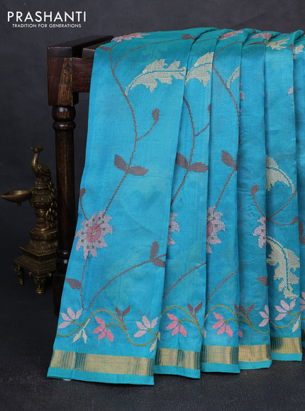 Silk cotton saree cs blue with allover convent embroidery weaves and zari woven border