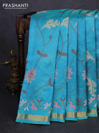 Silk cotton saree cs blue with allover convent embroidery weaves and zari woven border
