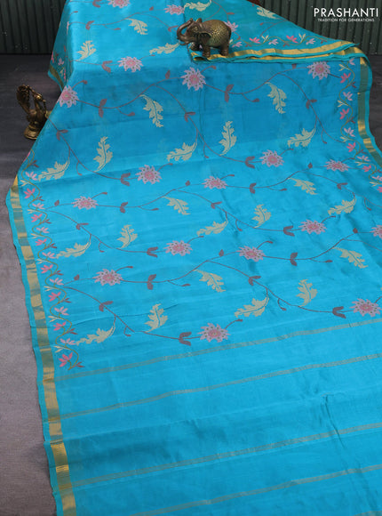 Silk cotton saree cs blue with allover convent embroidery weaves and zari woven border