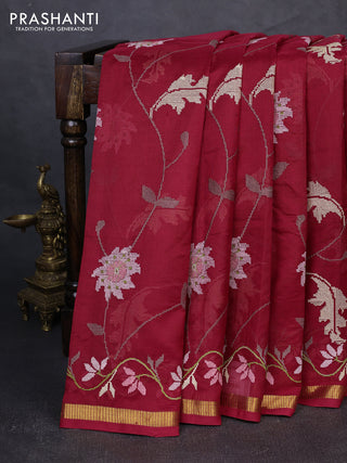 Silk cotton saree red with allover convent embroidery weaves and zari woven border