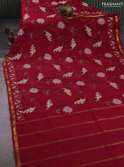 Silk cotton saree red with allover convent embroidery weaves and zari woven border
