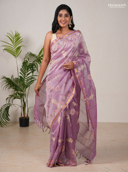 Silk cotton saree lavender with allover convent embroidery weaves and zari woven border