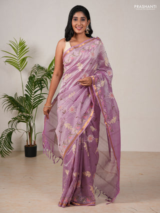 Silk cotton saree lavender with allover convent embroidery weaves and zari woven border