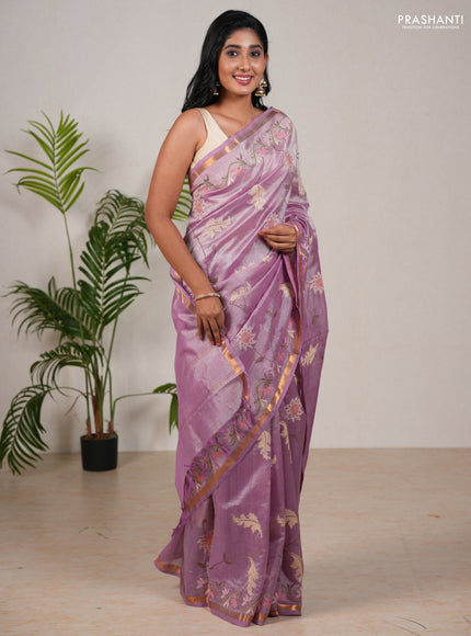 Silk cotton saree lavender with allover convent embroidery weaves and zari woven border