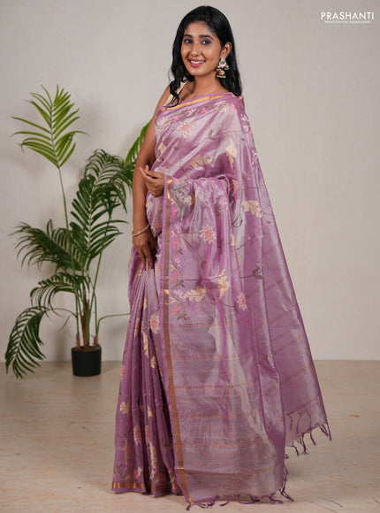 Silk cotton saree lavender with allover convent embroidery weaves and zari woven border