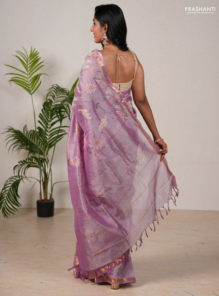 Silk cotton saree lavender with allover convent embroidery weaves and zari woven border