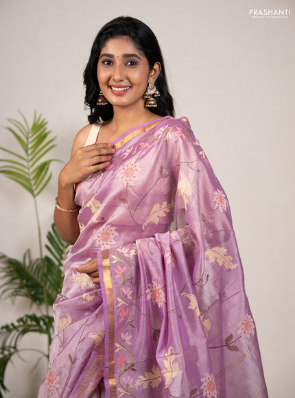 Silk cotton saree lavender with allover convent embroidery weaves and zari woven border