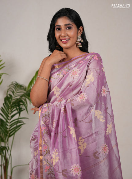 Silk cotton saree lavender with allover convent embroidery weaves and zari woven border
