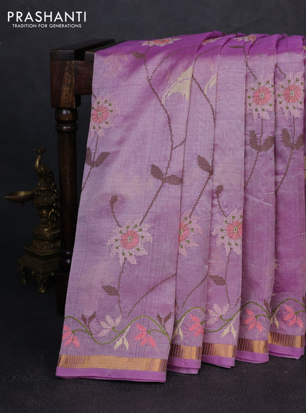 Silk cotton saree lavender with allover convent embroidery weaves and zari woven border