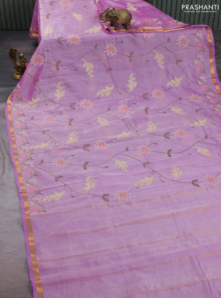 Silk cotton saree lavender with allover convent embroidery weaves and zari woven border