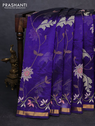 Silk cotton saree violet with allover convent embroidery weaves and zari woven border