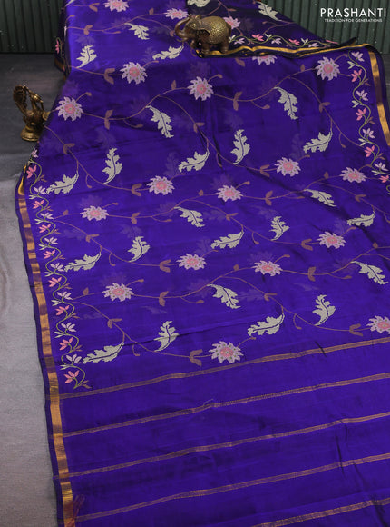 Silk cotton saree violet with allover convent embroidery weaves and zari woven border