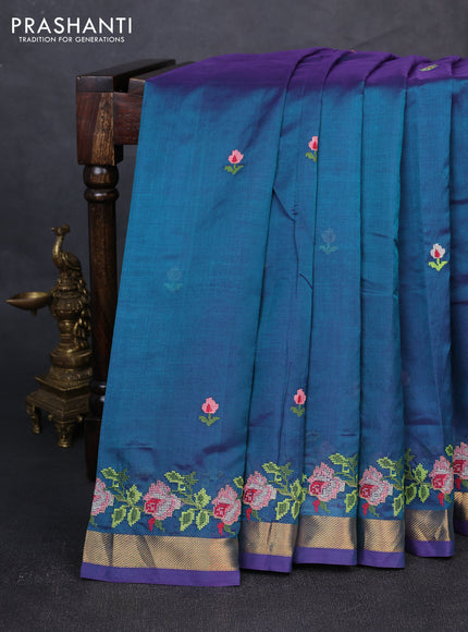 Silk cotton saree peacock green with allover convent embroidery buttas and zari woven border