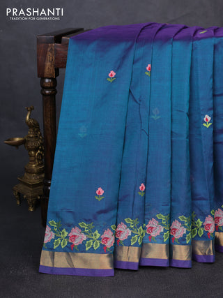 Silk cotton saree peacock green with allover convent embroidery buttas and zari woven border