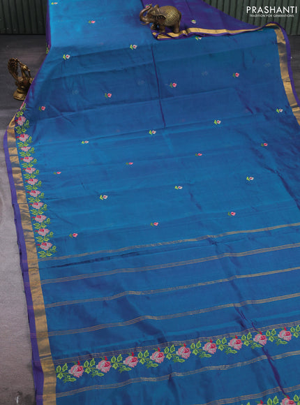 Silk cotton saree peacock green with allover convent embroidery buttas and zari woven border