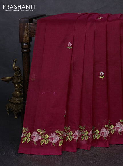 Silk cotton saree red with allover convent embroidery buttas and embroidery border