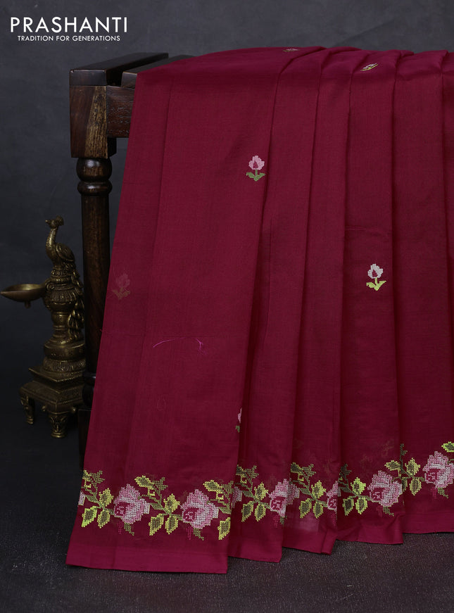 Silk cotton saree red with allover convent embroidery buttas and embroidery border