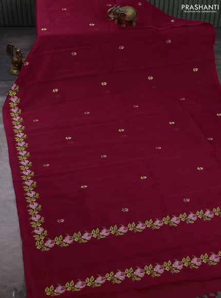 Silk cotton saree red with allover convent embroidery buttas and embroidery border