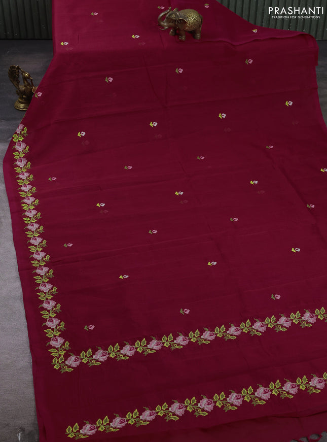 Silk cotton saree red with allover convent embroidery buttas and embroidery border