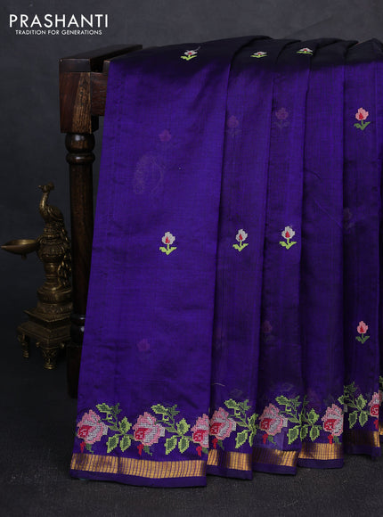 Silk cotton saree violet with allover convent embroidery buttas and zari woven border