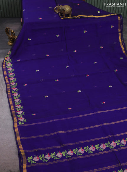 Silk cotton saree violet with allover convent embroidery buttas and zari woven border