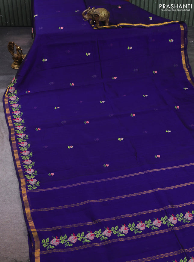 Silk cotton saree violet with allover convent embroidery buttas and zari woven border