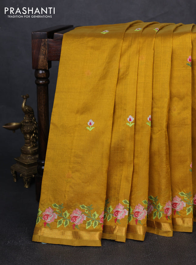 Silk cotton saree mustard yellow with allover convent embroidery buttas and zari woven border