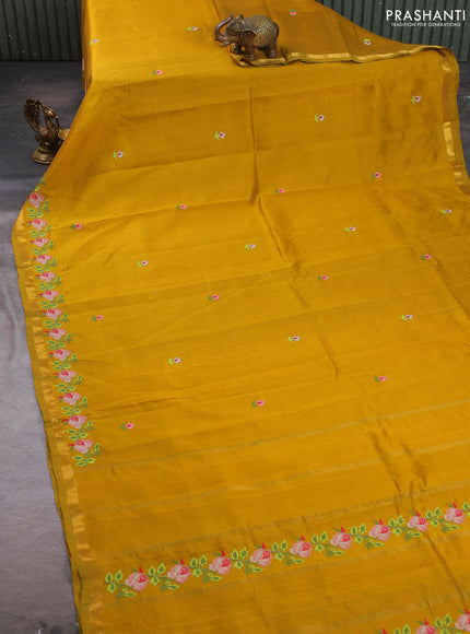 Silk cotton saree mustard yellow with allover convent embroidery buttas and zari woven border