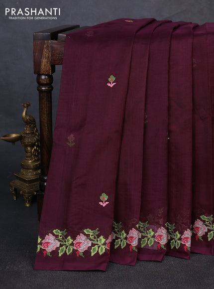 Silk cotton saree deep wine shade with allover convent embroidery buttas and embroidery border