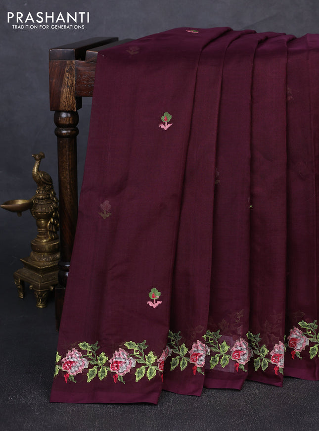 Silk cotton saree deep wine shade with allover convent embroidery buttas and embroidery border