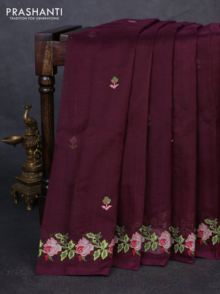 Silk cotton saree deep wine shade with allover convent embroidery buttas and embroidery border