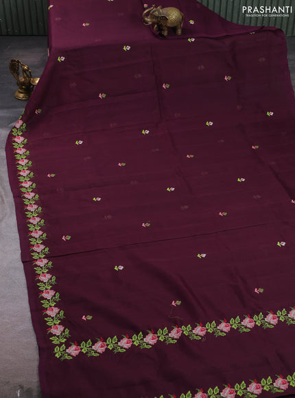 Silk cotton saree deep wine shade with allover convent embroidery buttas and embroidery border