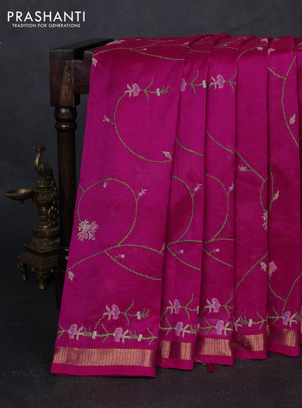 Silk cotton saree pink with allover convent embroidery weaves and zari woven border