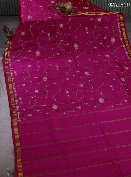 Silk cotton saree pink with allover convent embroidery weaves and zari woven border