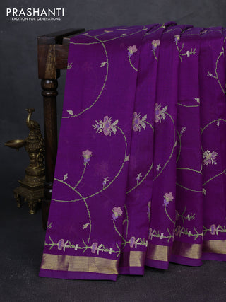 Silk cotton saree purple with allover convent embroidery weaves and zari woven border