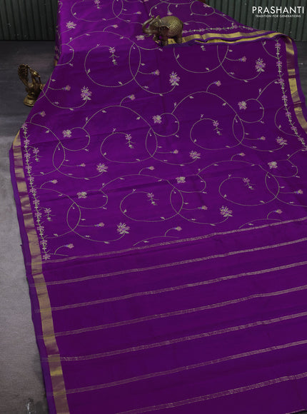 Silk cotton saree purple with allover convent embroidery weaves and zari woven border