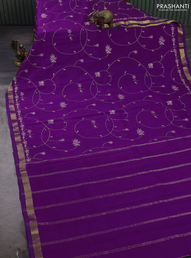 Silk cotton saree purple with allover convent embroidery weaves and zari woven border