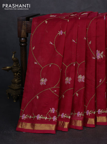 Silk cotton saree red with allover convent embroidery weaves and zari woven border