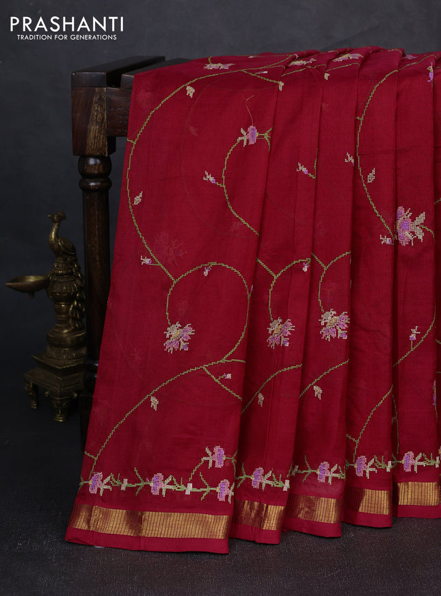 Silk cotton saree red with allover convent embroidery weaves and zari woven border