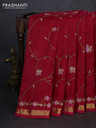 Silk cotton saree red with allover convent embroidery weaves and zari woven border