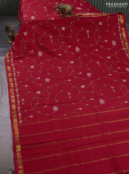 Silk cotton saree red with allover convent embroidery weaves and zari woven border