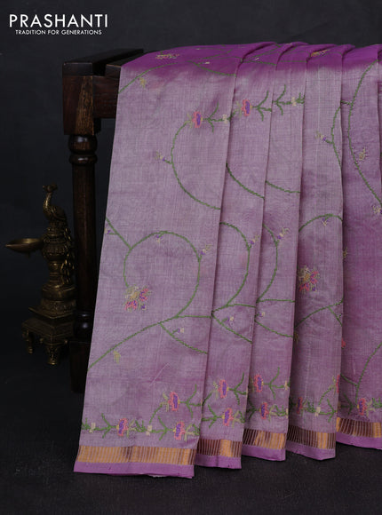 Silk cotton saree lavender with allover convent embroidery weaves and zari woven border