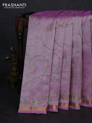 Silk cotton saree lavender with allover convent embroidery weaves and zari woven border