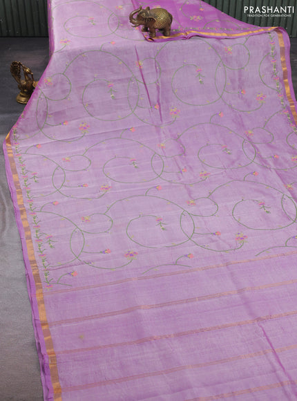 Silk cotton saree lavender with allover convent embroidery weaves and zari woven border