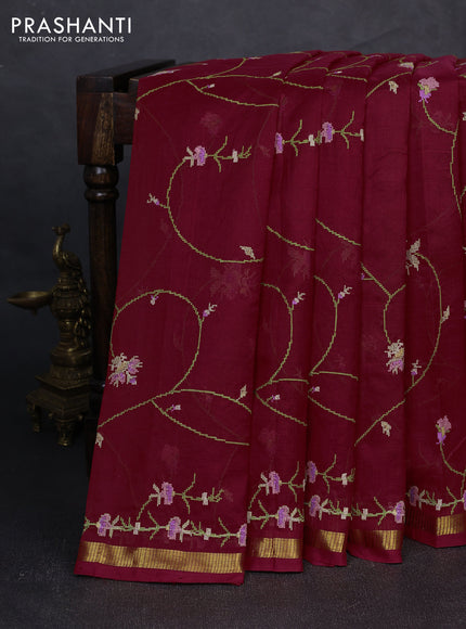 Silk cotton saree red with allover convent embroidery weaves and zari woven border