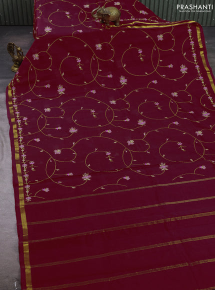 Silk cotton saree red with allover convent embroidery weaves and zari woven border