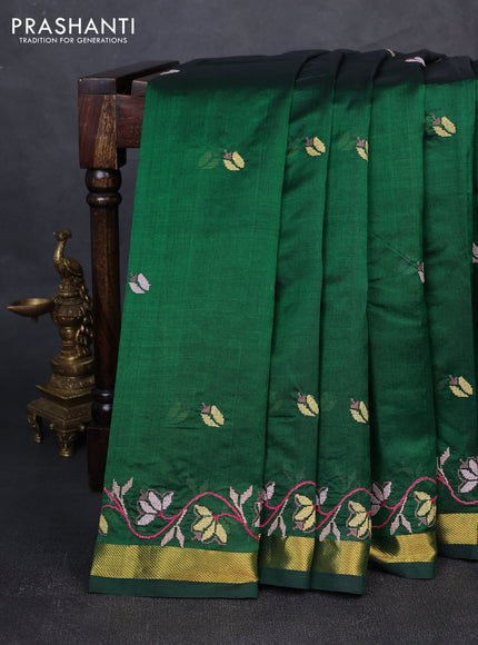 Silk cotton saree bottle green with allover convent embroidery buttas and zari woven border