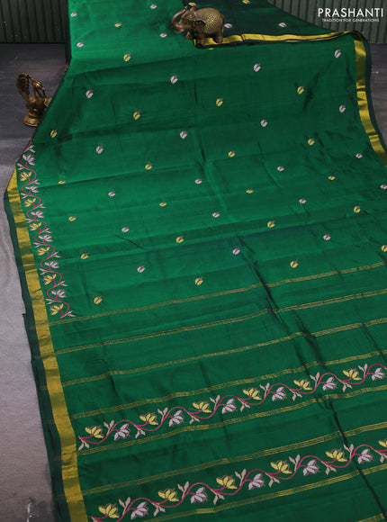 Silk cotton saree bottle green with allover convent embroidery buttas and zari woven border