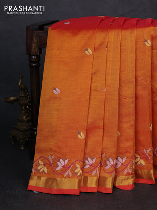 Silk cotton saree sunset orange with allover convent embroidery buttas and zari woven border